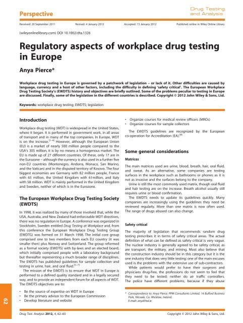 Regulatory aspects of workplace drug testing in Europe