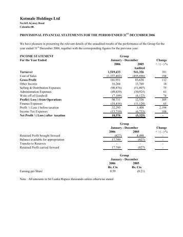 Quarterly Financial Report as of 31-12-2006 - Colombo Stock ...