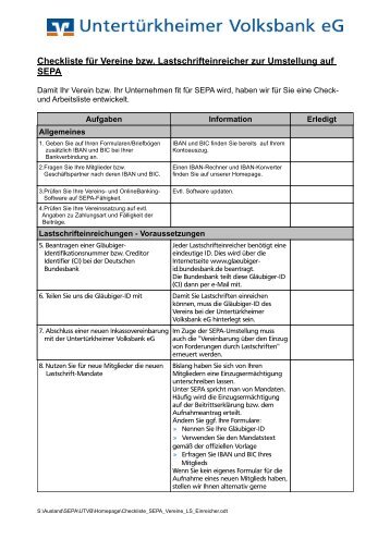 Checkliste für Vereine bzw. Lastschrifteneinreicher