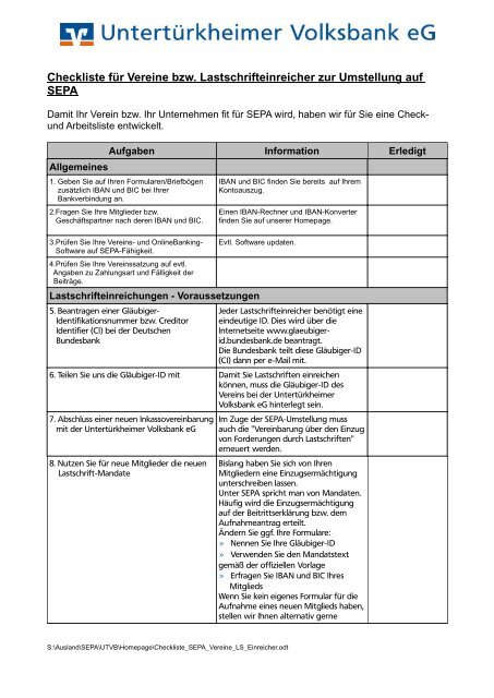 Checkliste für Vereine bzw. Lastschrifteneinreicher