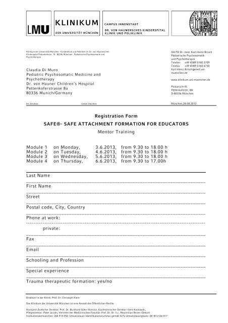 Registration Form SAFE Mentor Training 2013 - PD Karl Heinz Brisch