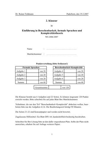 2. Klausur in Einf¨uhrung in Berechenbarkeit, formale Sprachen und ...