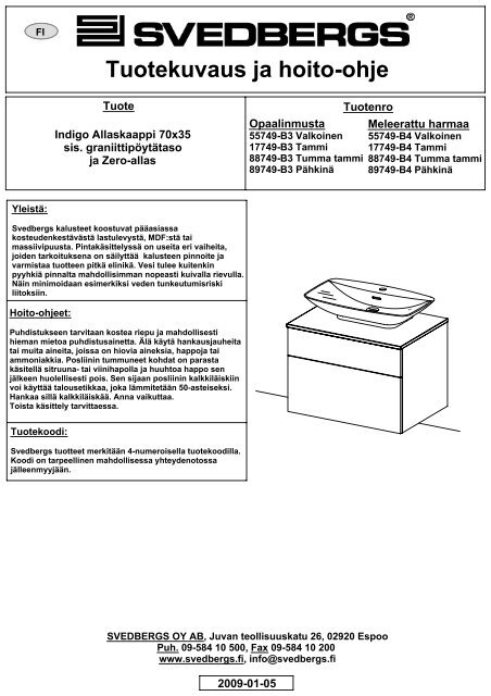 Produkt & skötselbeskrivning - Svedbergs