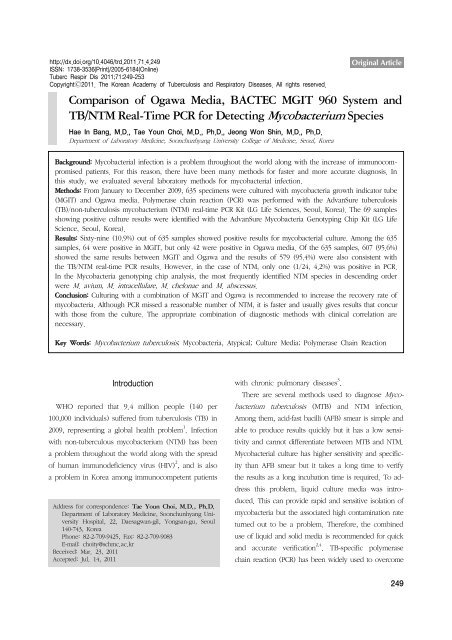 Comparison Of Ogawa Media Bactec Mgit 960 System And Tb