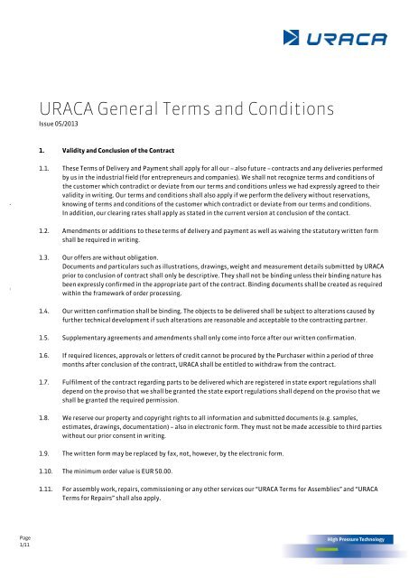 Terms of delivery and payment - uraca