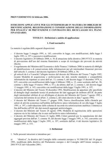 Provvedimento UIC 24 febbraio 2006 - Intermediari Finanziari