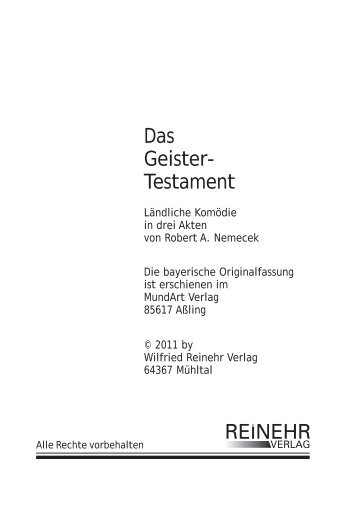 Das Geister- Testament REINEHR - Reinehr-Verlag