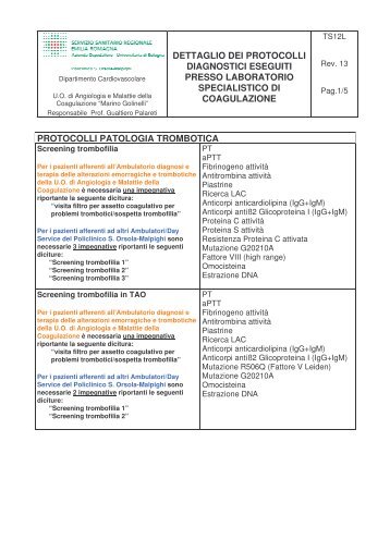 [pdf] TS12 L Dettaglio protocolli per sito - Policlinico S.Orsola-Malpighi