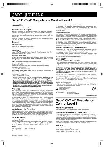 Dade® Ci-Trol® Coagulation Control Level 1 - Medcorp