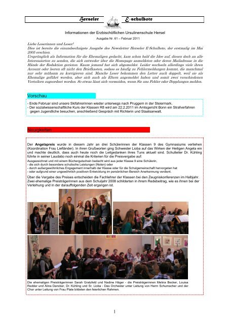 Newsletter 61 Februar 2011 - Erzbischöfliche Ursulinenschule Hersel