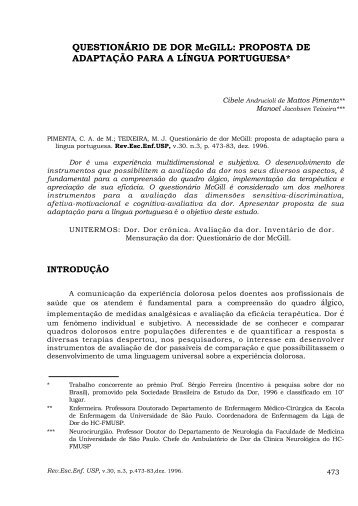 QUESTIONÁRIO DE DOR McGILL - Escola de Enfermagem da USP