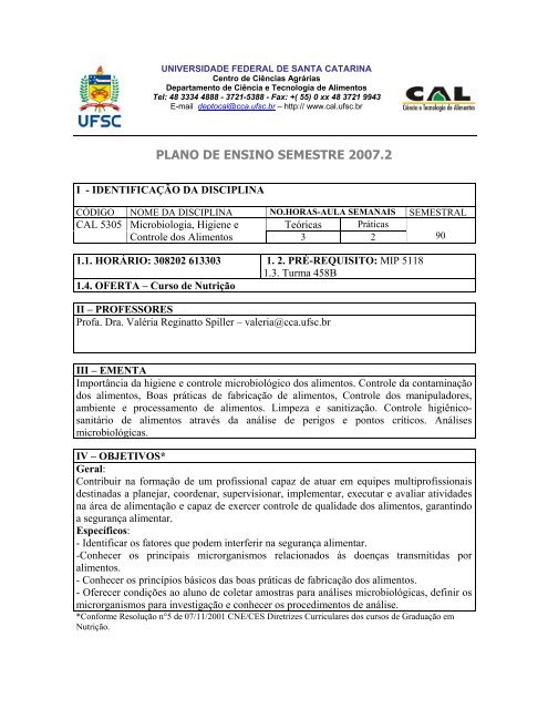 PLANO DE ENSINO SEMESTRE 2007.2 - CAL - UFSC