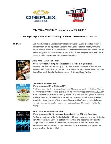 **MEDIA ADVISORY: Thursday, August 25, 2011 ... - Cineplex.com