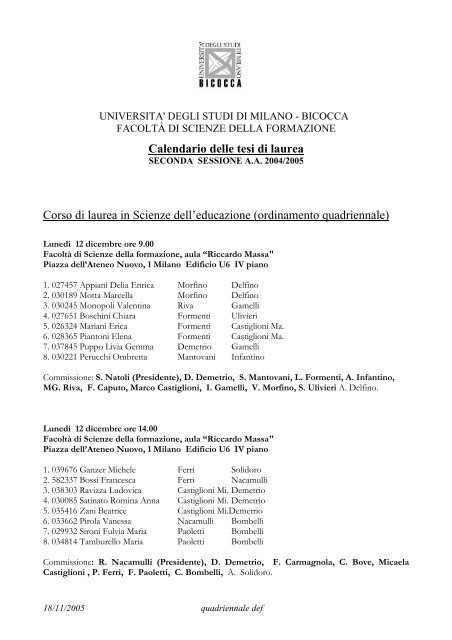 Calendario delle tesi di laurea Corso di laurea in Scienze dell ...