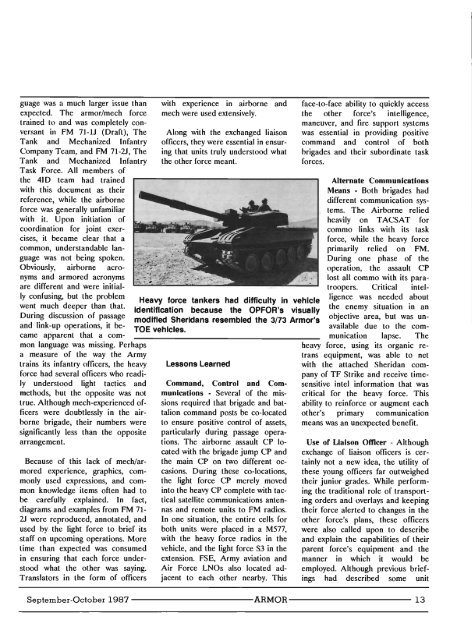 ARMOR, September-October 1987 Edition - Fort Benning - U.S. Army