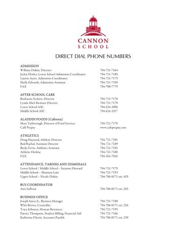 DIRECT DIAL PHONE NUMBERS - Cannon School