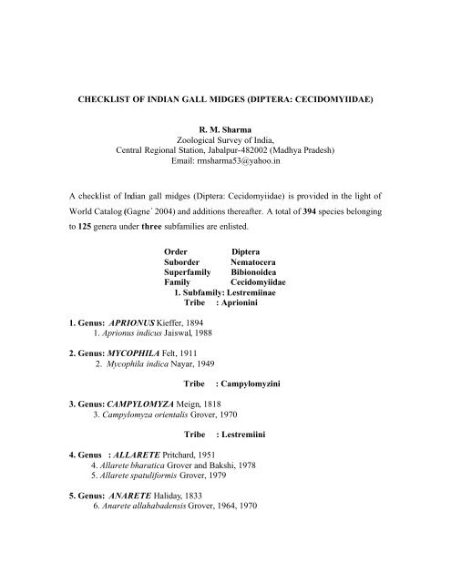 CHECKLIST OF INDIAN GALL MIDGES - Zoological Survey of India