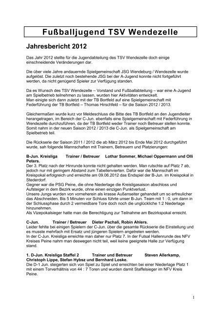 Jahresbericht 2012 der Jugendfußballabteilung des TSV Wendezelle