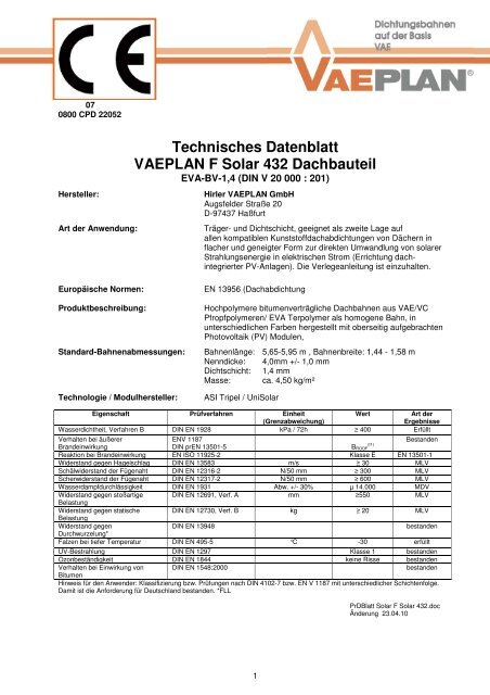 Technisches Datenblatt VAEPLAN F Solar 432 Dachbauteil
