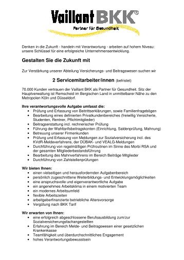 Stellenausschreibung_2Servicemitarbeiter_ BW - Vaillant BKK