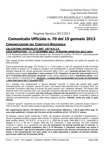 Comunicato Ufficiale n.svincoli definitivi anno 2013