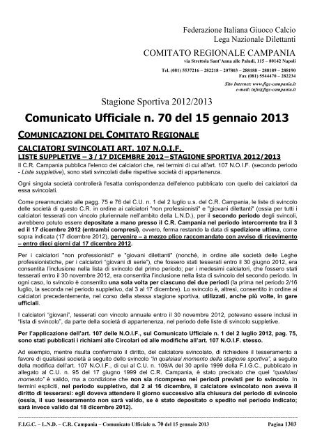 Comunicato Ufficiale n.svincoli definitivi anno 2013