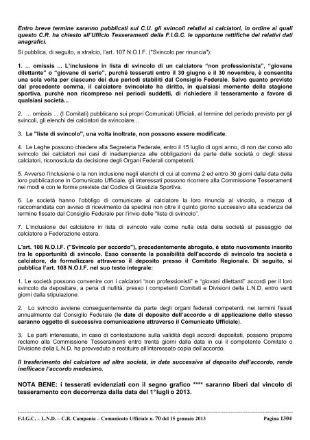 Comunicato Ufficiale n.svincoli definitivi anno 2013