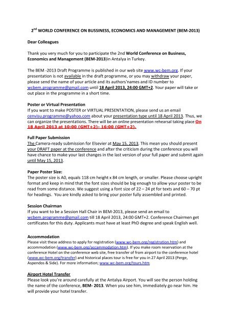 2nd World Conference On Bussiness Wc Bem Org