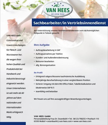 Sachbearbeiter/in Vertriebsinnendienst - Van Hees gmbh