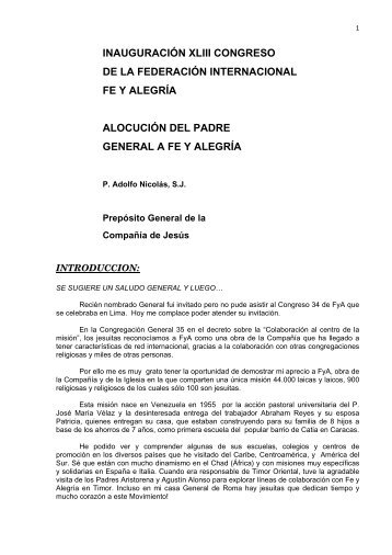 Alocución del P. General a los asistentes al XLIII Congreso de Fe y ...