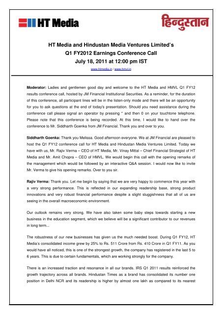 HT Media and Hindustan Media Ventures Limited's Q1 FY2012 ...