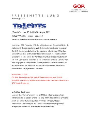 Pressemitteilung Talents - GOP Varieté-Theater