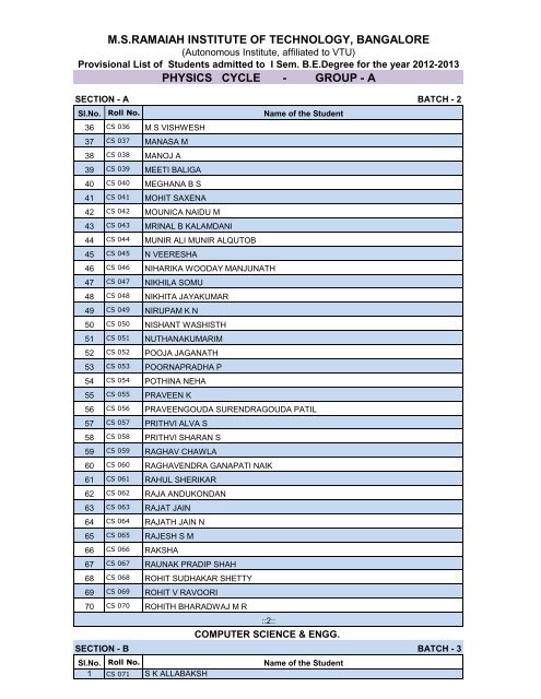 msramaiah institute of technology, bangalore physics cycle - group