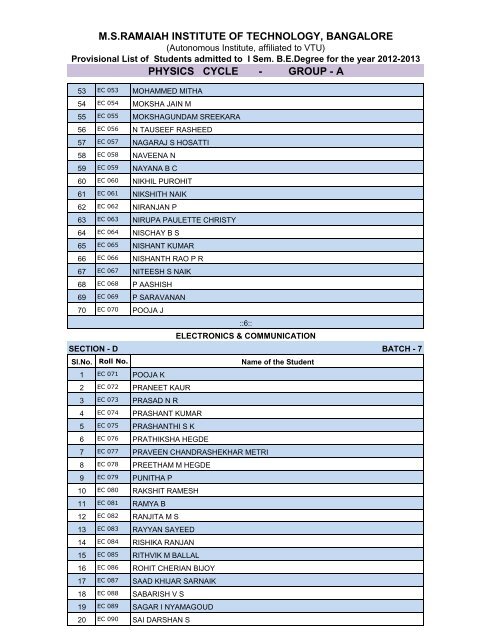 msramaiah institute of technology, bangalore physics cycle - group