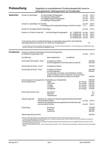 Preisaushang - Volksbank Aerzen eG