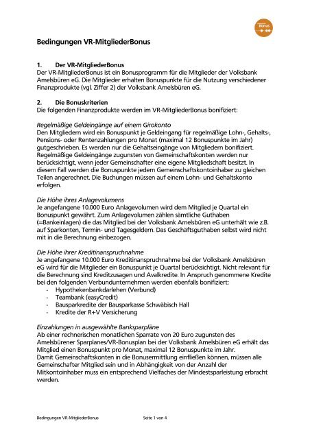 Bedingungen VR-MitgliederBonus - Volksbank Amelsbüren eG