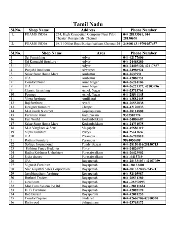 Tamil Nadu Dealers Address - Foams India