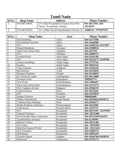 Tamil Nadu Dealers Address - Foams India