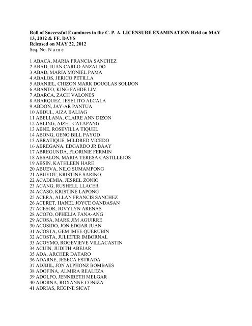 May 2012 CPA Board Exam Results