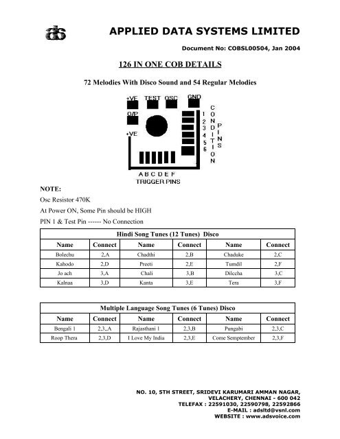 Applied Data Systems Limited Ads Ltd Voice Ic Melody Ic applied data systems limited ads ltd