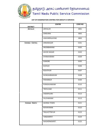 LIST OF EXAMINATION CENTRES FOR GROUP-IV ... - tnpsc