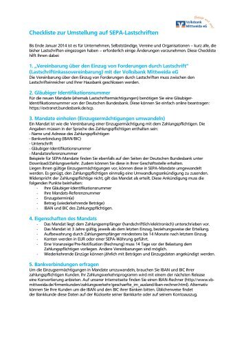 Checkliste zur Umstellung auf SEPA-Lastschriften - Volksbank ...