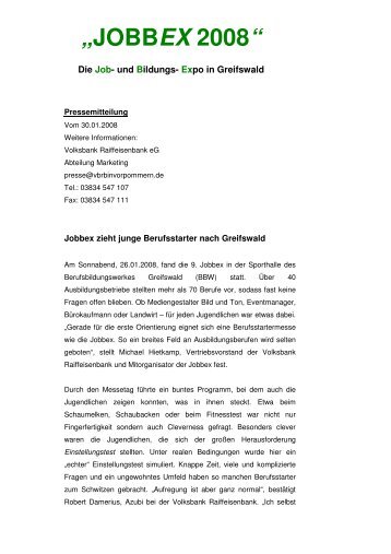Jobbex zieht junge Berufsstarter nach Greifswald - Volksbank ...
