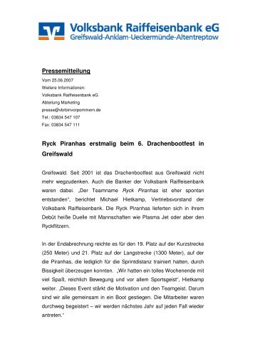 Ryck Piranhas erstmalig beim 6. Drachenbootfest in - Volksbank ...