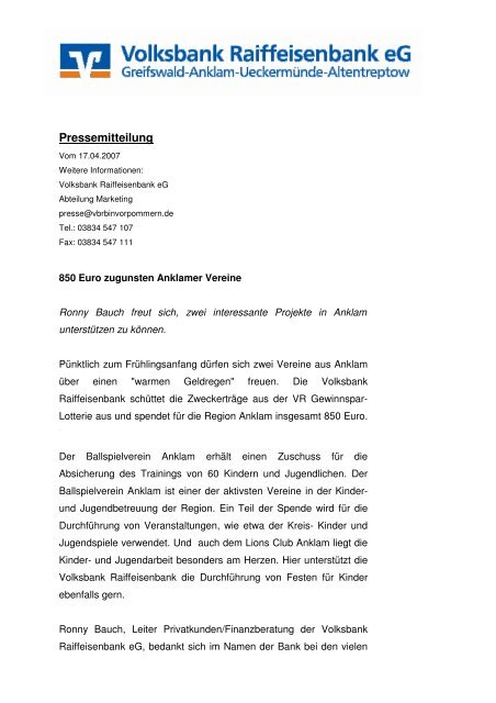 850 Euro zugunsten Anklamer Vereine - Volksbank Raiffeisenbank eG