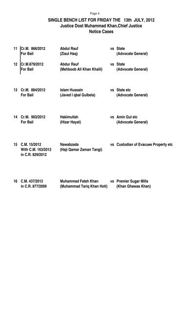 Cause List for Friday, 13 July 2012 - High Court Peshawar