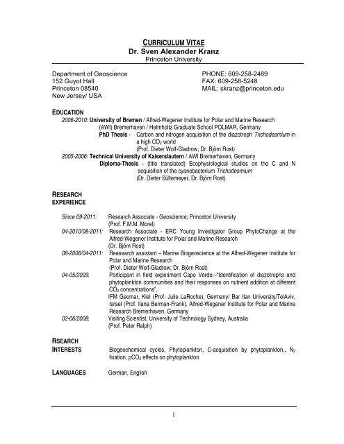 CURRICULUM VITAE Dr. Sven Alexander Kranz - Princeton University