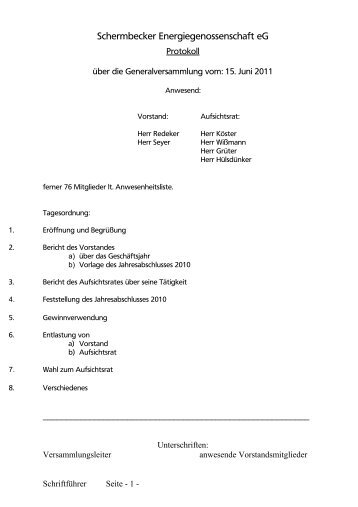 Protokoll der Generalversammlung vom 15. Juni 2011 - Volksbank ...
