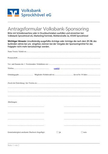 Antrag Sponsoring - Volksbank Sprockhövel eG