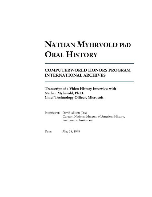 NATHAN MYHRVOLD PhD ORAL HISTORY - The Computerworld ...